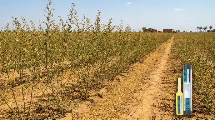 Crop field showing severe yield loss and flower dropping damage before intervention