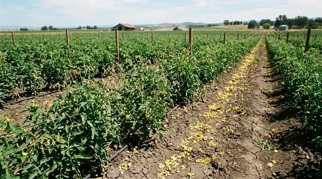 Affected tomato crop with severe flower drop in tomato resulting in low fruit setting.