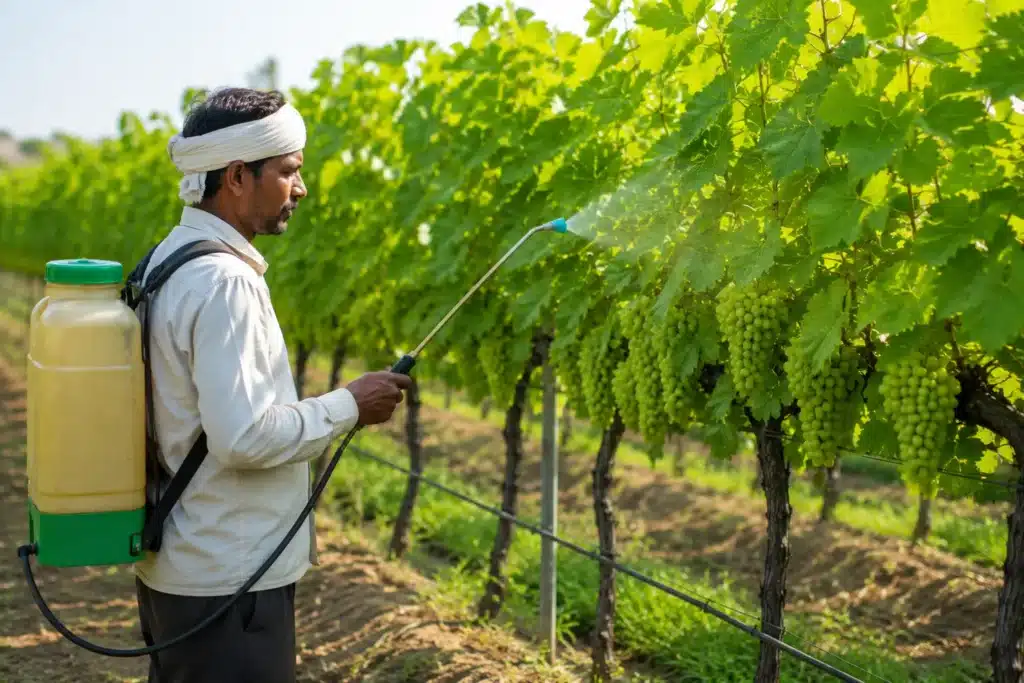 Farmer Spraying Regulator Solution on Grapevines