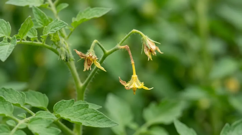 Close up of yellowing stems and wilting blossoms indicating flower drop in tomato.