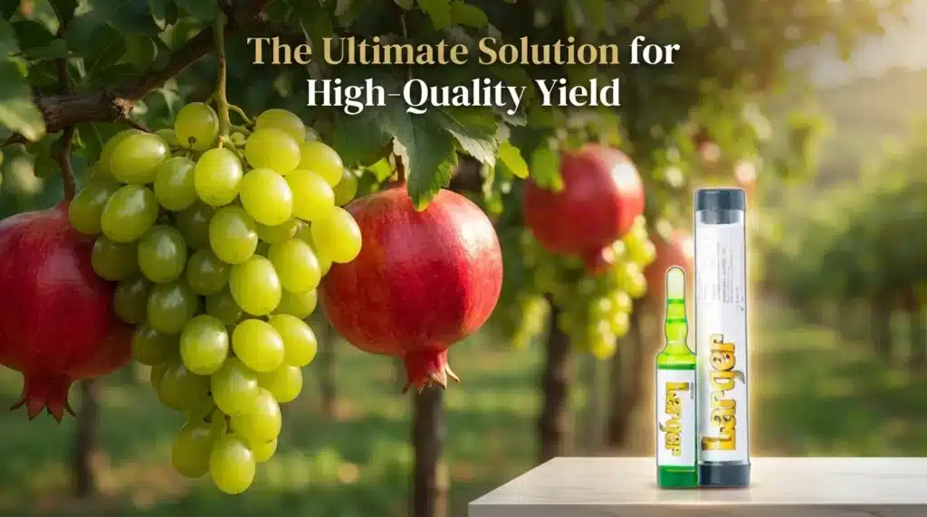 High-quality shiny green grapes and red pomegranates representing the solution provided by Nano Larger Plant Growth Regulator.