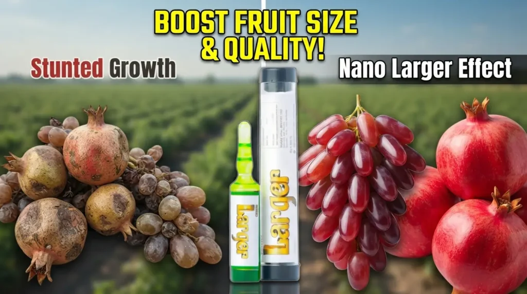 Nano Larger Plant Growth Regulator displayed next to high-quality elongated grapes and large pomegranates showing enhanced fruit size.