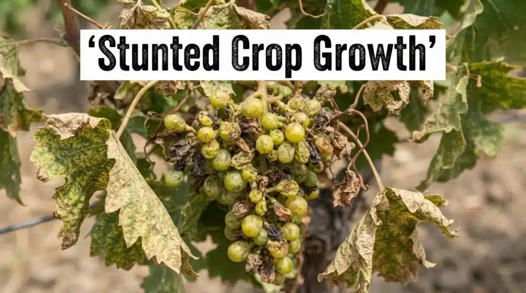 Small and yellowish stunted grapes on a vine showing symptoms of poor fruit setting and nutrient deficiency.